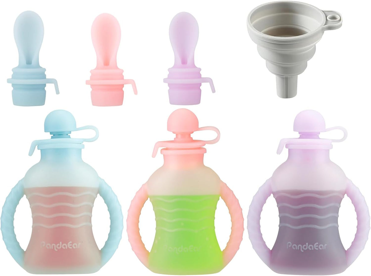 3 Pack Reusable Silicone Baby Food Pouches with 3 Puree Feeder Spoons & Funnel | 4oz Toddler Food Storage Pouch with Handle | BPA-Free Baby Squeeze Pouches for Homemade Purees