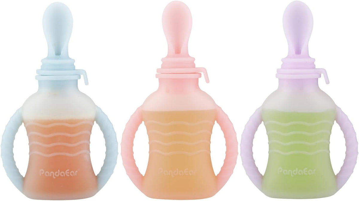 3 Pack Reusable Silicone Baby Food Pouches with 3 Puree Feeder Spoons & Funnel | 4oz Toddler Food Storage Pouch with Handle | BPA-Free Baby Squeeze Pouches for Homemade Purees