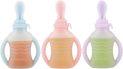 3 Pack Reusable Silicone Baby Food Pouches with 3 Puree Feeder Spoons & Funnel | 4oz Toddler Food Storage Pouch with Handle | BPA-Free Baby Squeeze Pouches for Homemade Purees