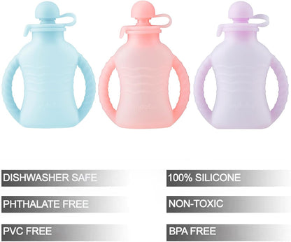 3 Pack Reusable Silicone Baby Food Pouches with 3 Puree Feeder Spoons & Funnel | 4oz Toddler Food Storage Pouch with Handle | BPA-Free Baby Squeeze Pouches for Homemade Purees