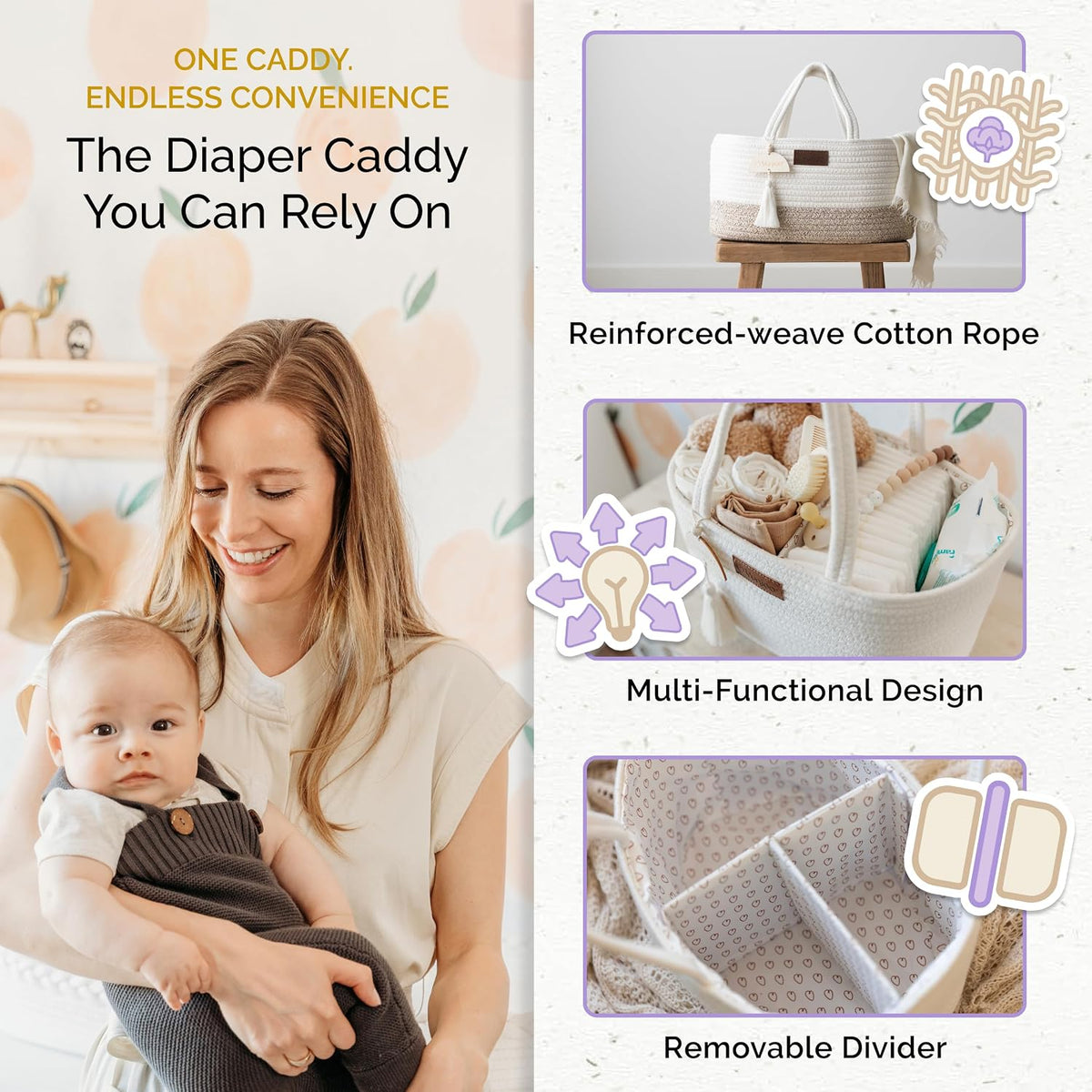 Baby Diaper Caddy Organizer, Portable Nursery Storage Basket with Sturdy Handle Diaper Caddy Basket, Car Caddy for Diapers and Baby Wipes, Newborn Essentials