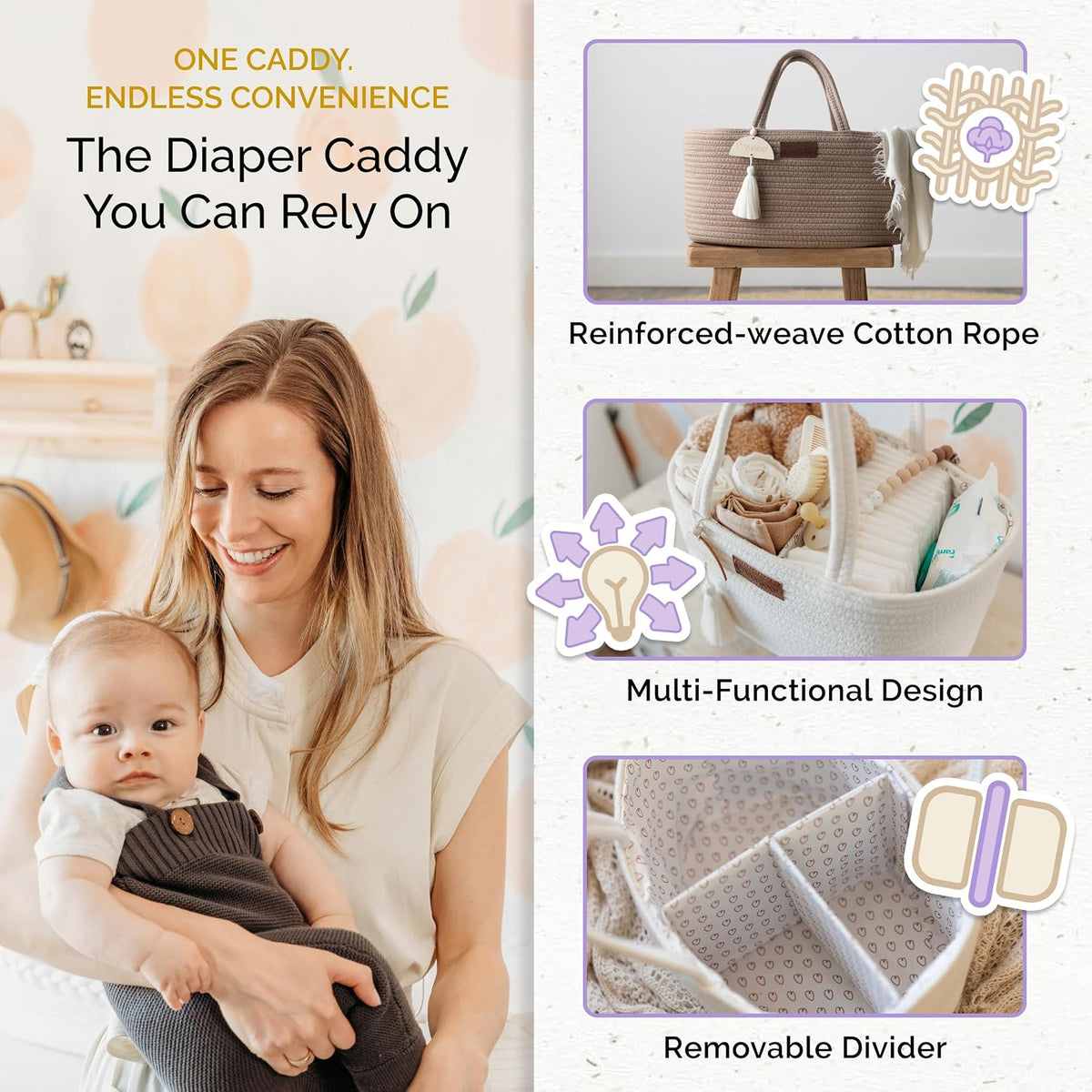 Baby Diaper Caddy Organizer, Portable Nursery Storage Basket with Sturdy Handle Diaper Caddy Basket, Car Caddy for Diapers and Baby Wipes, Newborn Essentials