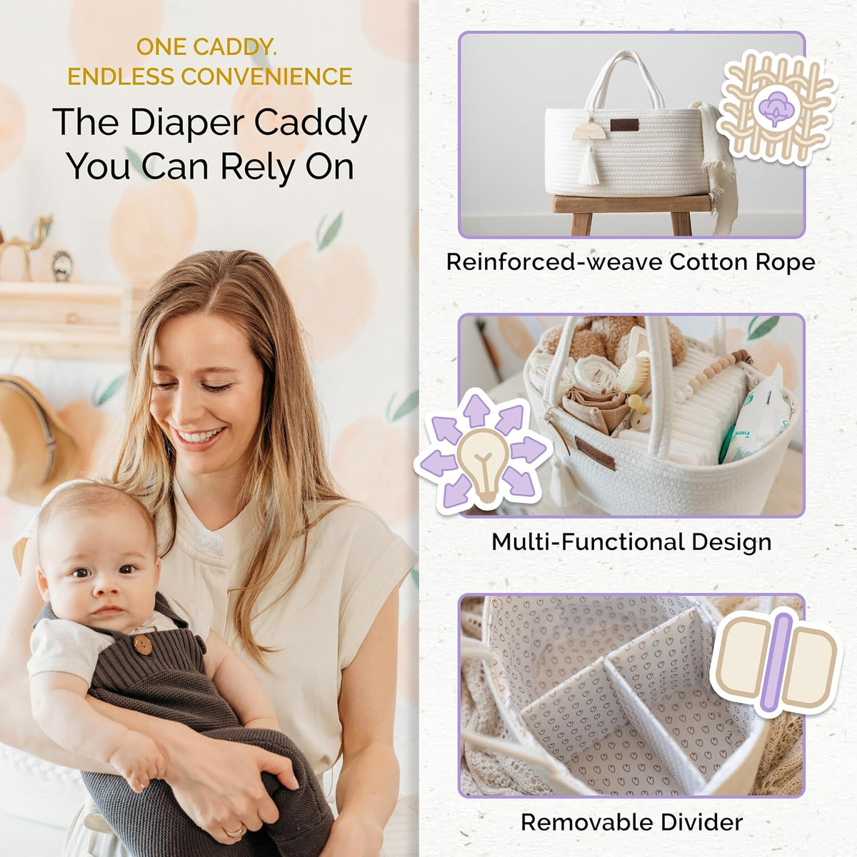 Baby Diaper Caddy Organizer, Portable Nursery Storage Basket with Sturdy Handle Diaper Caddy Basket, Car Caddy for Diapers and Baby Wipes, Newborn Essentials