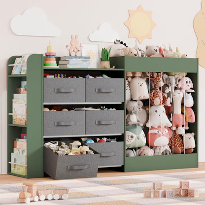 61"W Toy Storage Organizer with 6 Storage Bins, 3-Tier Kids Bookcase & 211L Stuffed Animal Holder, 3-in-1 Plush Toy Organizer, Extra Large Toy & Book Shelf for Playroom, Kids Room, Bedroom, White