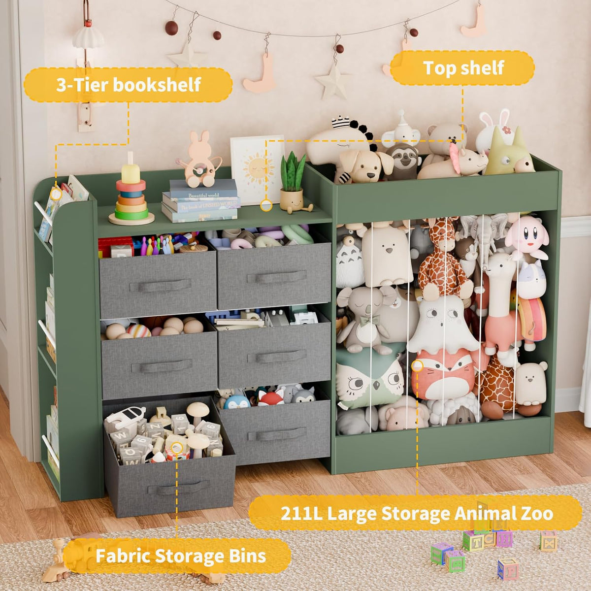 61"W Toy Storage Organizer with 6 Storage Bins, 3-Tier Kids Bookcase & 211L Stuffed Animal Holder, 3-in-1 Plush Toy Organizer, Extra Large Toy & Book Shelf for Playroom, Kids Room, Bedroom, White