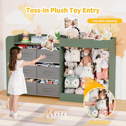 61"W Toy Storage Organizer with 6 Storage Bins, 3-Tier Kids Bookcase & 211L Stuffed Animal Holder, 3-in-1 Plush Toy Organizer, Extra Large Toy & Book Shelf for Playroom, Kids Room, Bedroom, White