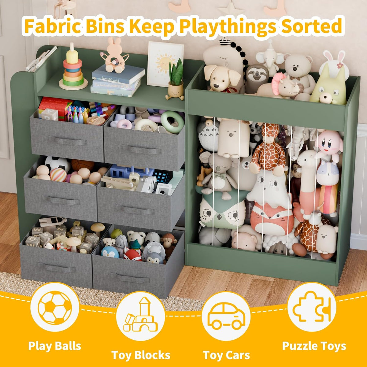 61"W Toy Storage Organizer with 6 Storage Bins, 3-Tier Kids Bookcase & 211L Stuffed Animal Holder, 3-in-1 Plush Toy Organizer, Extra Large Toy & Book Shelf for Playroom, Kids Room, Bedroom, White