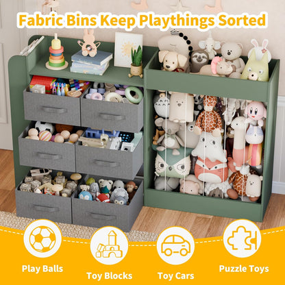 61"W Toy Storage Organizer with 6 Storage Bins, 3-Tier Kids Bookcase & 211L Stuffed Animal Holder, 3-in-1 Plush Toy Organizer, Extra Large Toy & Book Shelf for Playroom, Kids Room, Bedroom, White
