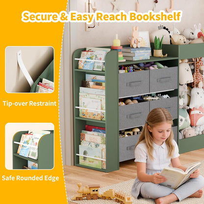 61"W Toy Storage Organizer with 6 Storage Bins, 3-Tier Kids Bookcase & 211L Stuffed Animal Holder, 3-in-1 Plush Toy Organizer, Extra Large Toy & Book Shelf for Playroom, Kids Room, Bedroom, White