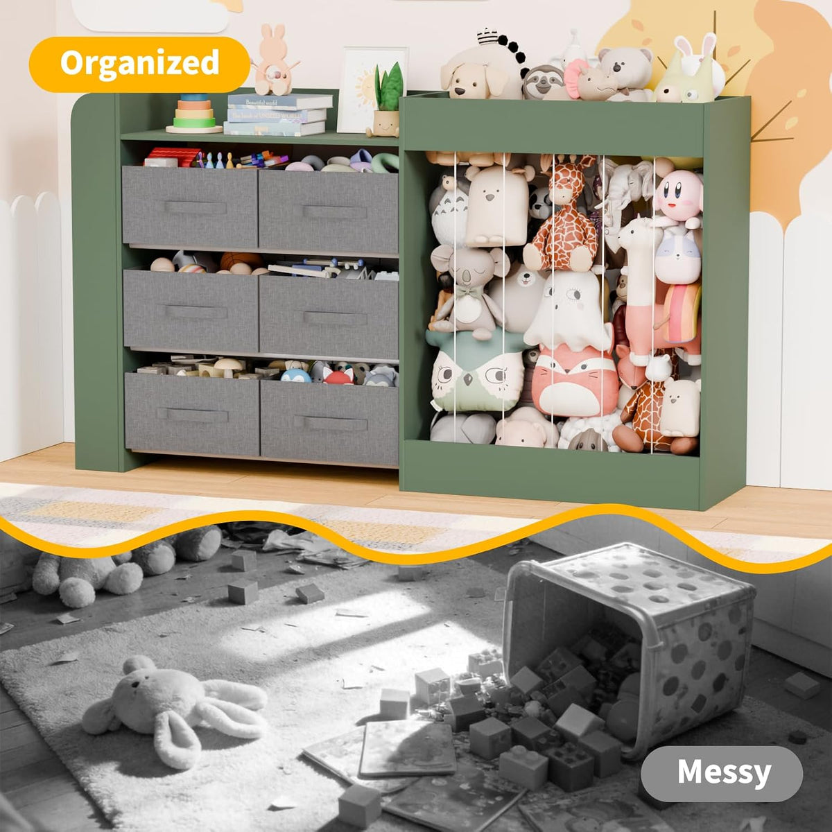 61"W Toy Storage Organizer with 6 Storage Bins, 3-Tier Kids Bookcase & 211L Stuffed Animal Holder, 3-in-1 Plush Toy Organizer, Extra Large Toy & Book Shelf for Playroom, Kids Room, Bedroom, White