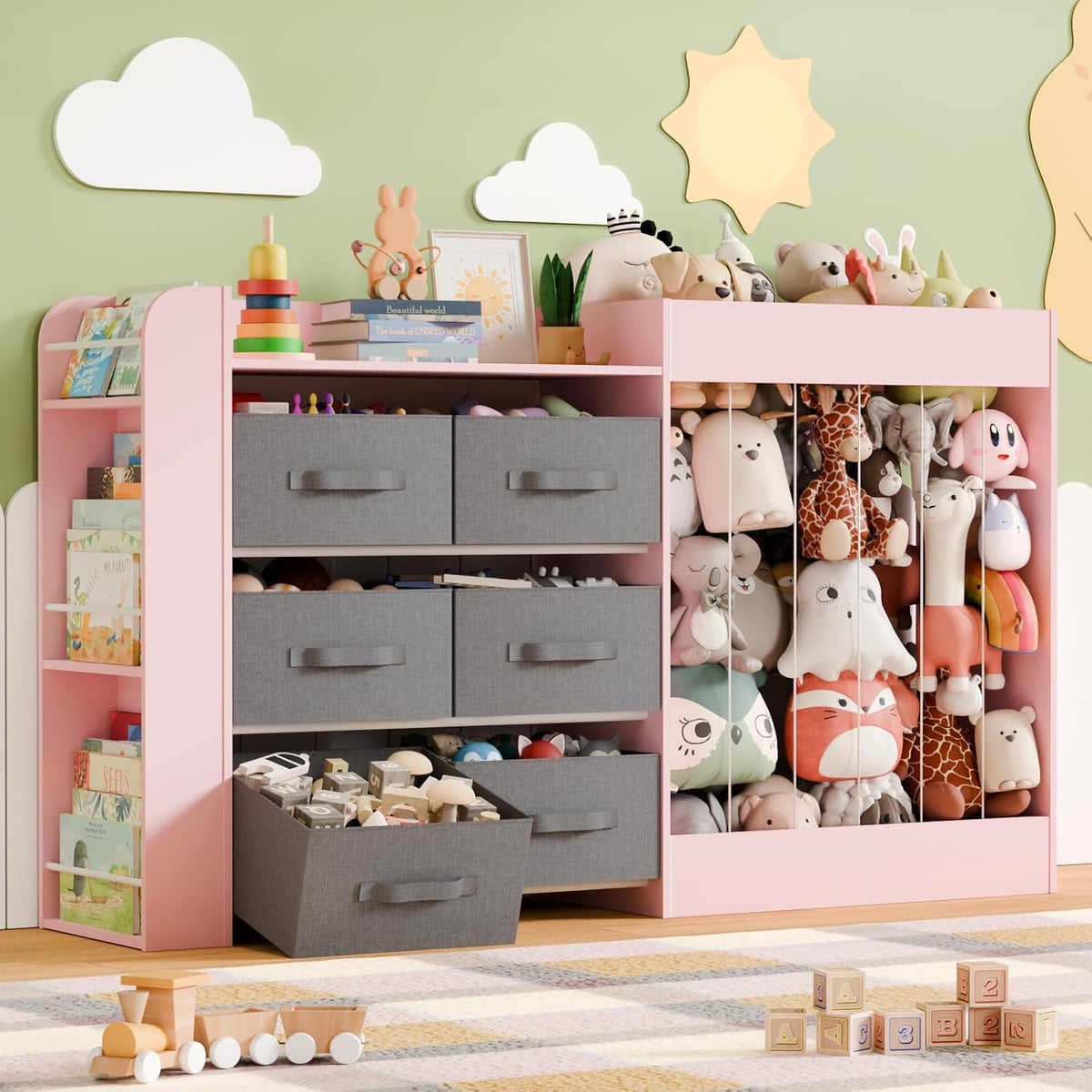 61"W Toy Storage Organizer with 6 Storage Bins, 3-Tier Kids Bookcase & 211L Stuffed Animal Holder, 3-in-1 Plush Toy Organizer, Extra Large Toy & Book Shelf for Playroom, Kids Room, Bedroom, White