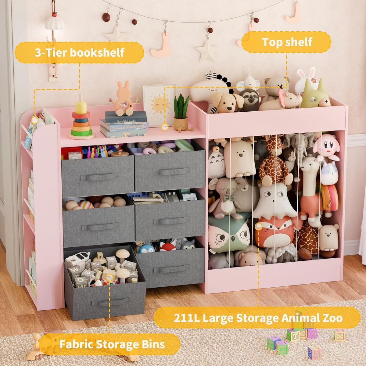 61"W Toy Storage Organizer with 6 Storage Bins, 3-Tier Kids Bookcase & 211L Stuffed Animal Holder, 3-in-1 Plush Toy Organizer, Extra Large Toy & Book Shelf for Playroom, Kids Room, Bedroom, White
