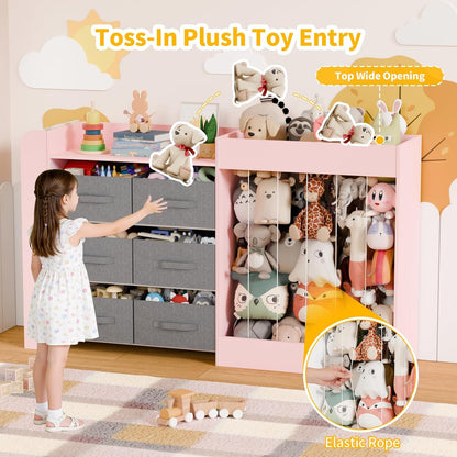 61"W Toy Storage Organizer with 6 Storage Bins, 3-Tier Kids Bookcase & 211L Stuffed Animal Holder, 3-in-1 Plush Toy Organizer, Extra Large Toy & Book Shelf for Playroom, Kids Room, Bedroom, White
