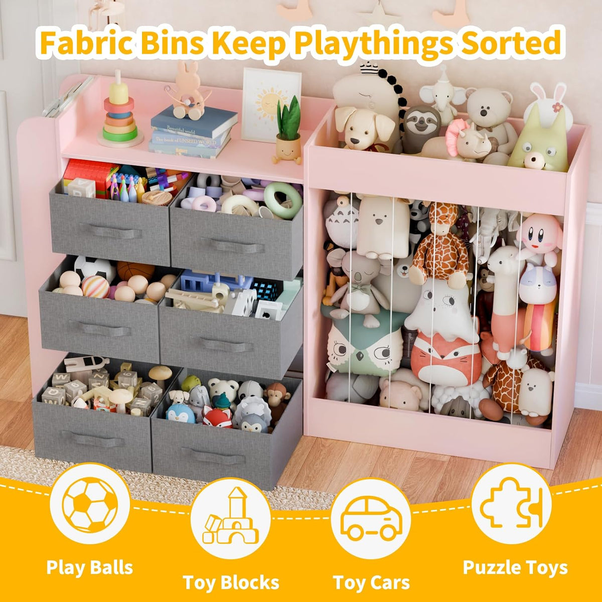 61"W Toy Storage Organizer with 6 Storage Bins, 3-Tier Kids Bookcase & 211L Stuffed Animal Holder, 3-in-1 Plush Toy Organizer, Extra Large Toy & Book Shelf for Playroom, Kids Room, Bedroom, White