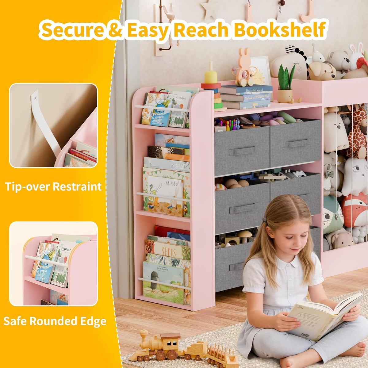 61"W Toy Storage Organizer with 6 Storage Bins, 3-Tier Kids Bookcase & 211L Stuffed Animal Holder, 3-in-1 Plush Toy Organizer, Extra Large Toy & Book Shelf for Playroom, Kids Room, Bedroom, White