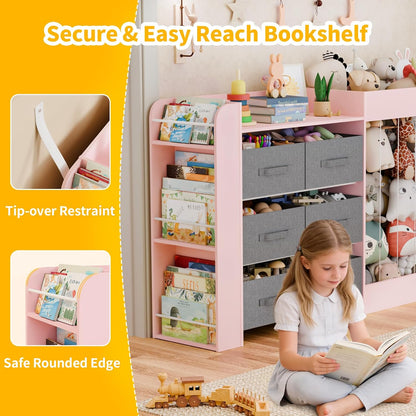 61"W Toy Storage Organizer with 6 Storage Bins, 3-Tier Kids Bookcase & 211L Stuffed Animal Holder, 3-in-1 Plush Toy Organizer, Extra Large Toy & Book Shelf for Playroom, Kids Room, Bedroom, White