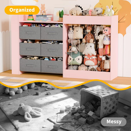 61"W Toy Storage Organizer with 6 Storage Bins, 3-Tier Kids Bookcase & 211L Stuffed Animal Holder, 3-in-1 Plush Toy Organizer, Extra Large Toy & Book Shelf for Playroom, Kids Room, Bedroom, White