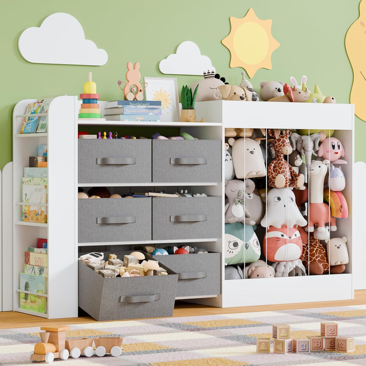 61"W Toy Storage Organizer with 6 Storage Bins, 3-Tier Kids Bookcase & 211L Stuffed Animal Holder, 3-in-1 Plush Toy Organizer, Extra Large Toy & Book Shelf for Playroom, Kids Room, Bedroom, White