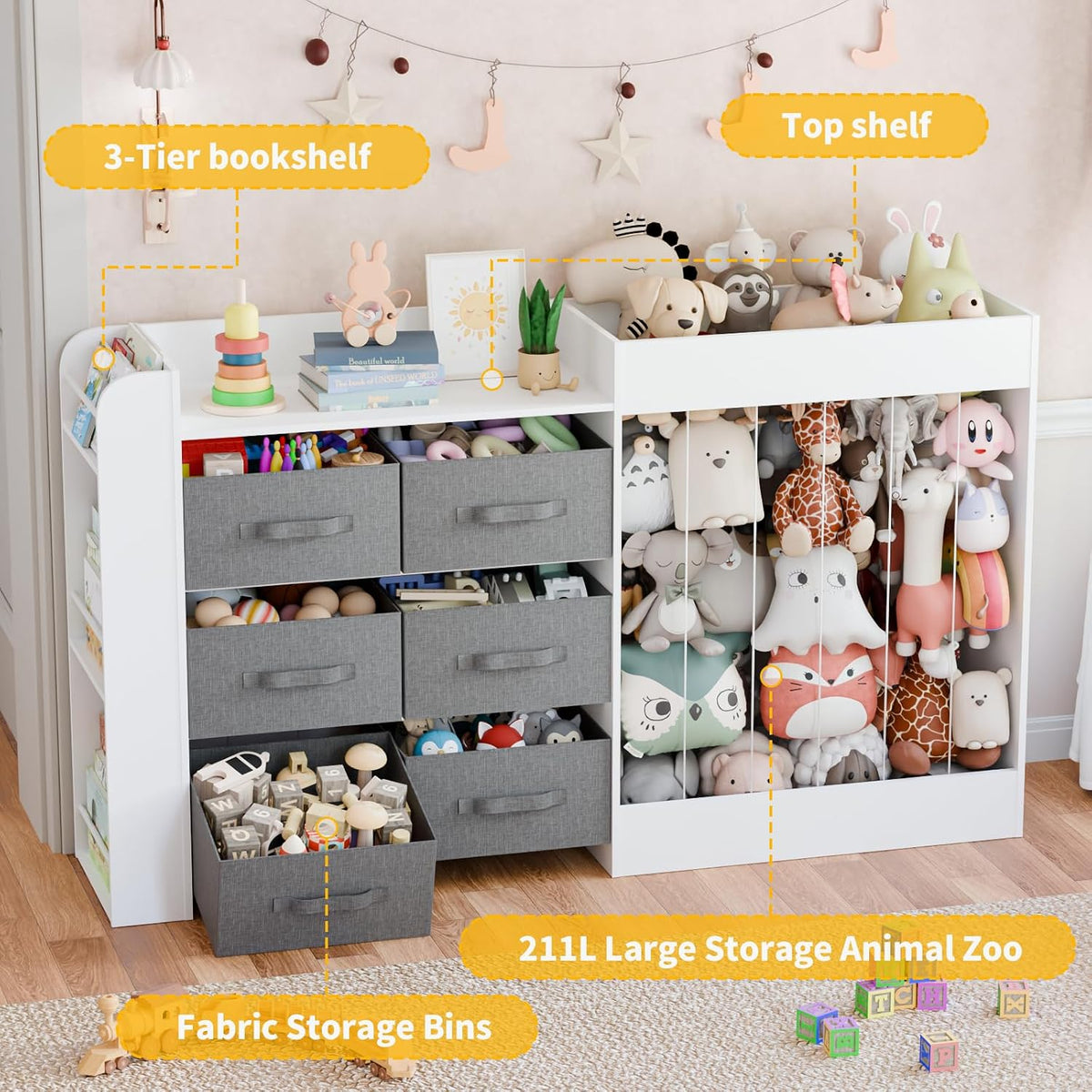 61"W Toy Storage Organizer with 6 Storage Bins, 3-Tier Kids Bookcase & 211L Stuffed Animal Holder, 3-in-1 Plush Toy Organizer, Extra Large Toy & Book Shelf for Playroom, Kids Room, Bedroom, White