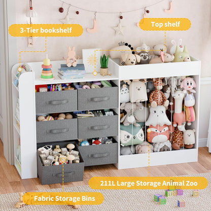 61"W Toy Storage Organizer with 6 Storage Bins, 3-Tier Kids Bookcase & 211L Stuffed Animal Holder, 3-in-1 Plush Toy Organizer, Extra Large Toy & Book Shelf for Playroom, Kids Room, Bedroom, White