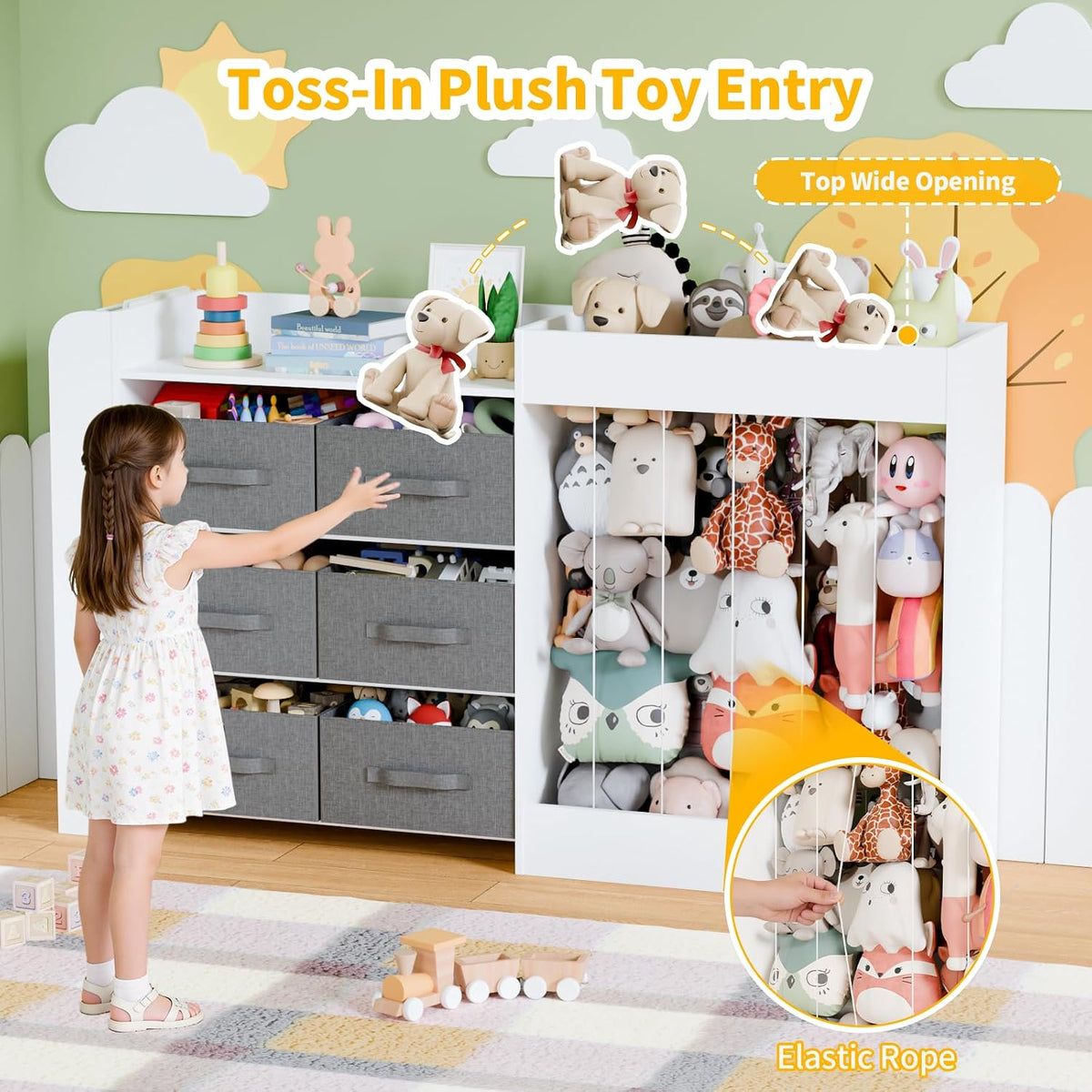 61"W Toy Storage Organizer with 6 Storage Bins, 3-Tier Kids Bookcase & 211L Stuffed Animal Holder, 3-in-1 Plush Toy Organizer, Extra Large Toy & Book Shelf for Playroom, Kids Room, Bedroom, White