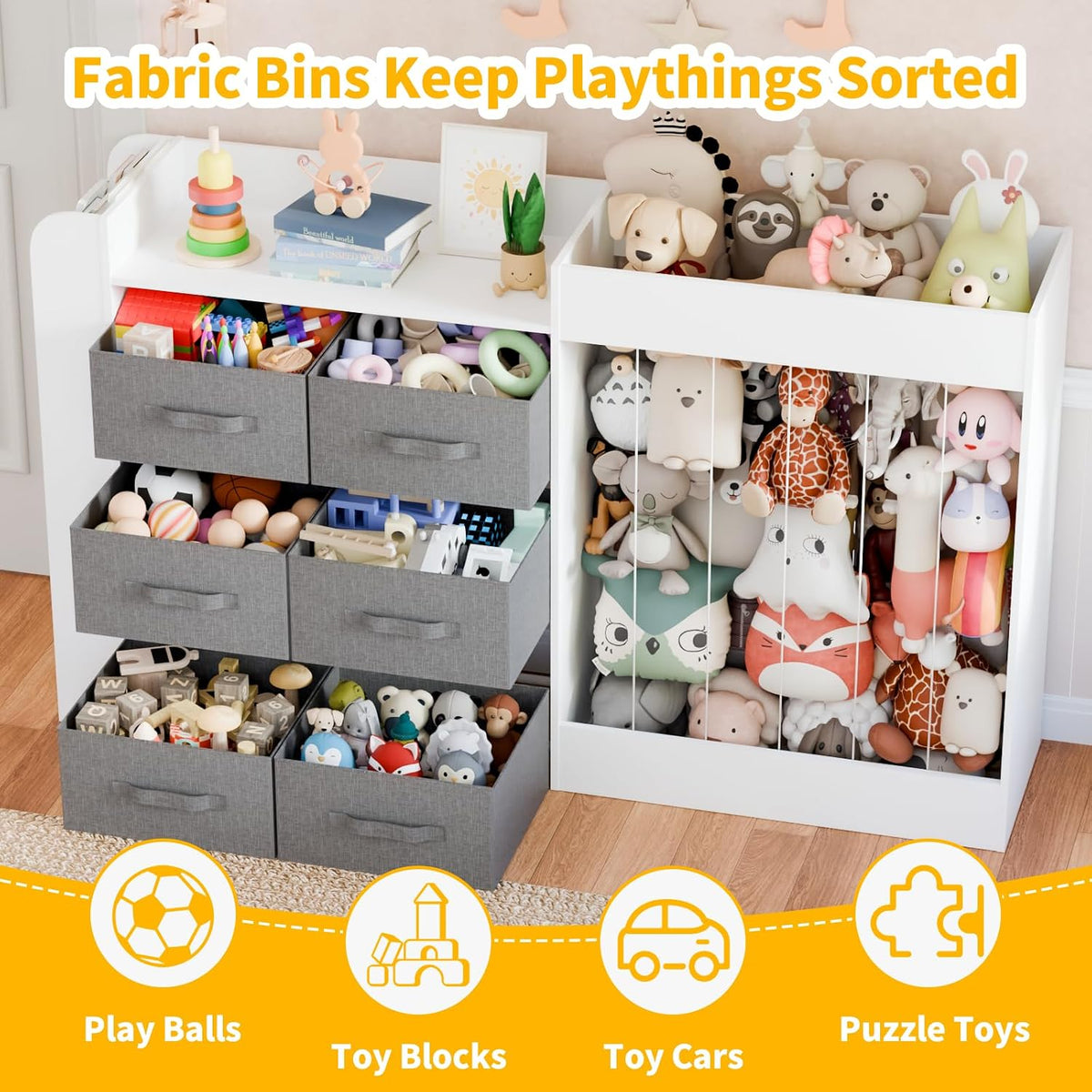61"W Toy Storage Organizer with 6 Storage Bins, 3-Tier Kids Bookcase & 211L Stuffed Animal Holder, 3-in-1 Plush Toy Organizer, Extra Large Toy & Book Shelf for Playroom, Kids Room, Bedroom, White