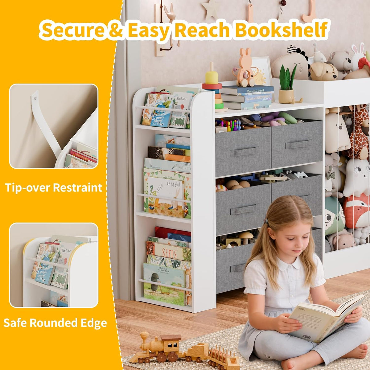 61"W Toy Storage Organizer with 6 Storage Bins, 3-Tier Kids Bookcase & 211L Stuffed Animal Holder, 3-in-1 Plush Toy Organizer, Extra Large Toy & Book Shelf for Playroom, Kids Room, Bedroom, White