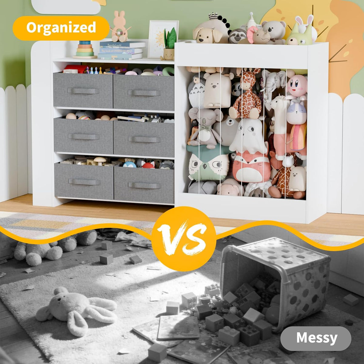 61"W Toy Storage Organizer with 6 Storage Bins, 3-Tier Kids Bookcase & 211L Stuffed Animal Holder, 3-in-1 Plush Toy Organizer, Extra Large Toy & Book Shelf for Playroom, Kids Room, Bedroom, White