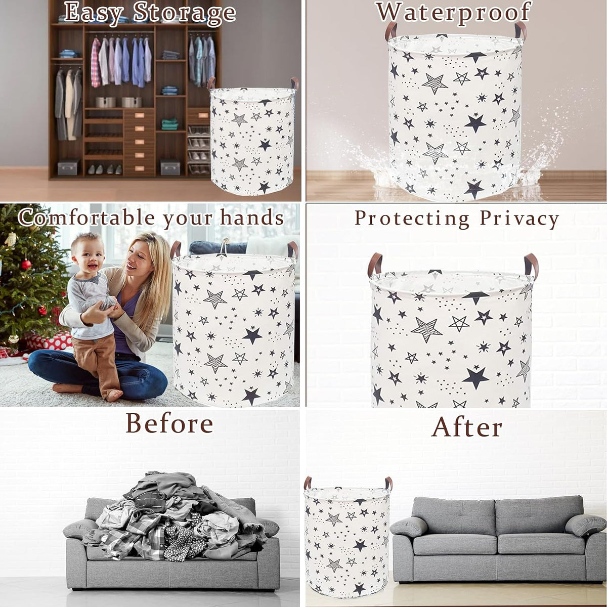 Waterproof Laundry Hamper Collapsible Laundry Basket Leather Handle Laundry Bag Large Clothes Storage Toy Organization for Bathroom Bedroom Laundryroom College Dorms (92-Satisfied laundry hampers)