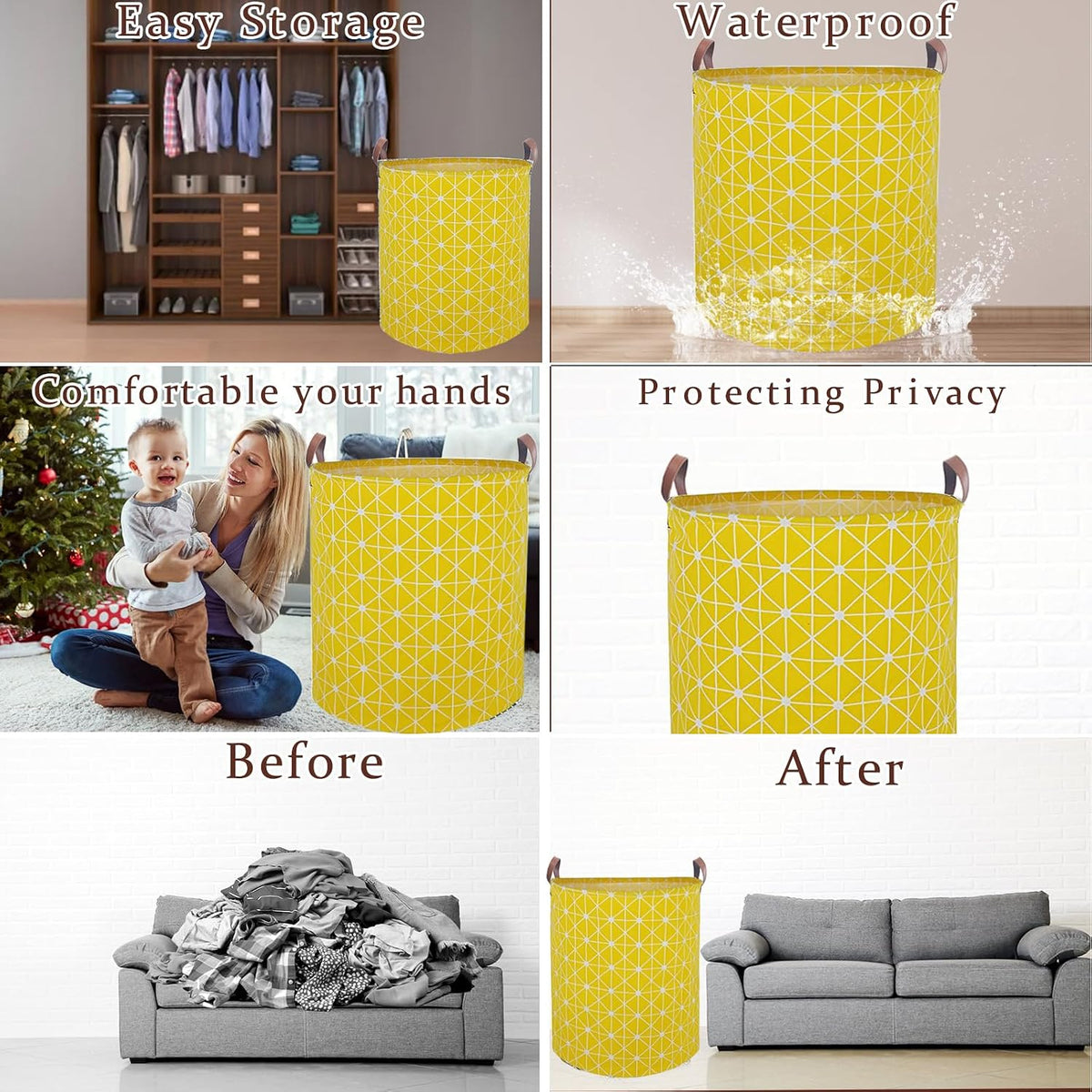 Waterproof Laundry Hamper Collapsible Laundry Basket Leather Handle Laundry Bag Large Clothes Storage Toy Organization for Bathroom Bedroom Laundryroom College Dorms (92-Satisfied laundry hampers)