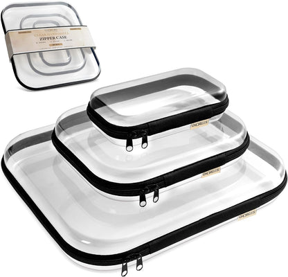 Clear Hard Shell Zipper Case 1.1mm Set S+M+L, Premium Plastic Hardshell Pouches and Storage Boxes for Clothes, Toys, Makeup, Toiletry & Travel, Zip Up Organizer Bags and Packing Cubes.
