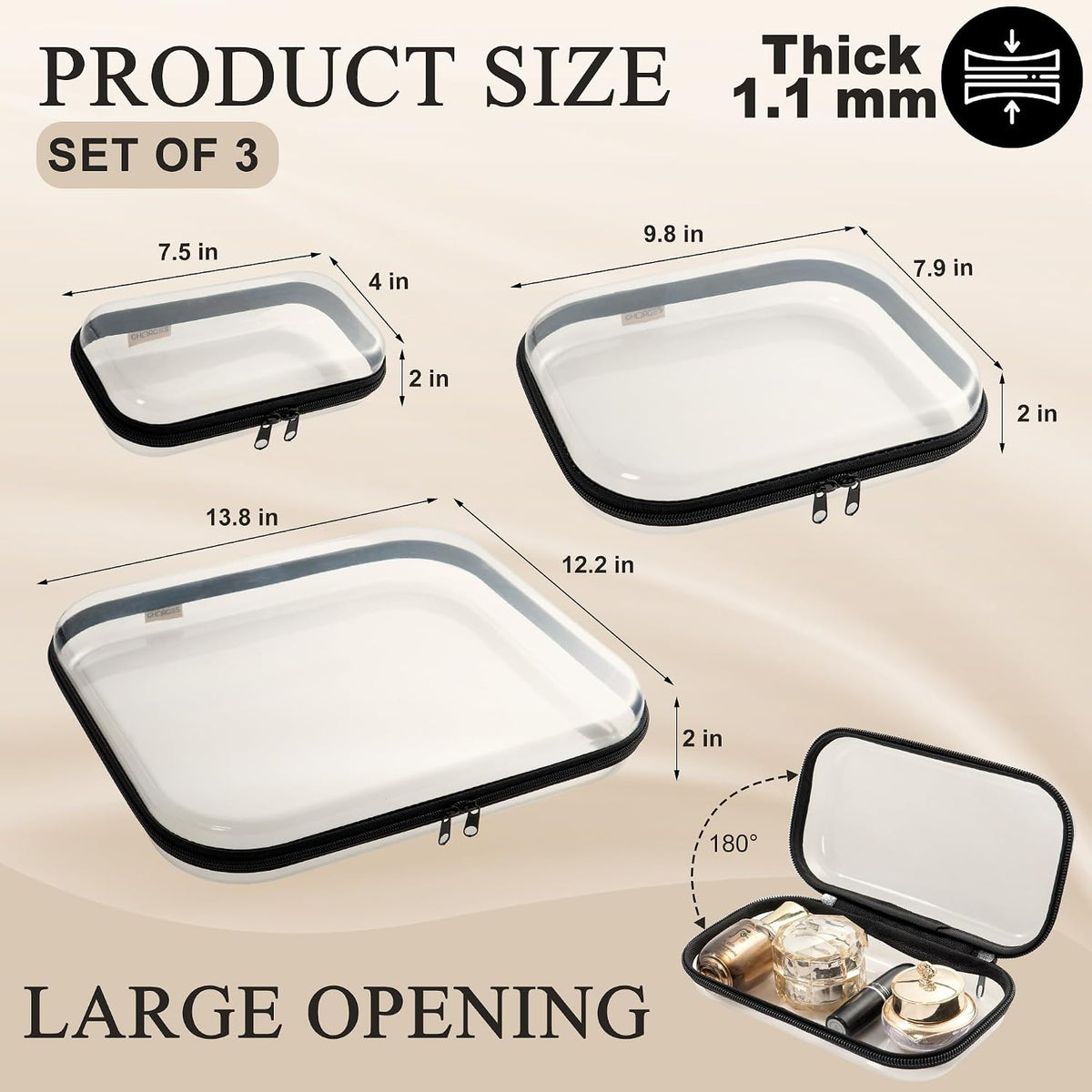 Clear Hard Shell Zipper Case 1.1mm Set S+M+L, Premium Plastic Hardshell Pouches and Storage Boxes for Clothes, Toys, Makeup, Toiletry & Travel, Zip Up Organizer Bags and Packing Cubes.