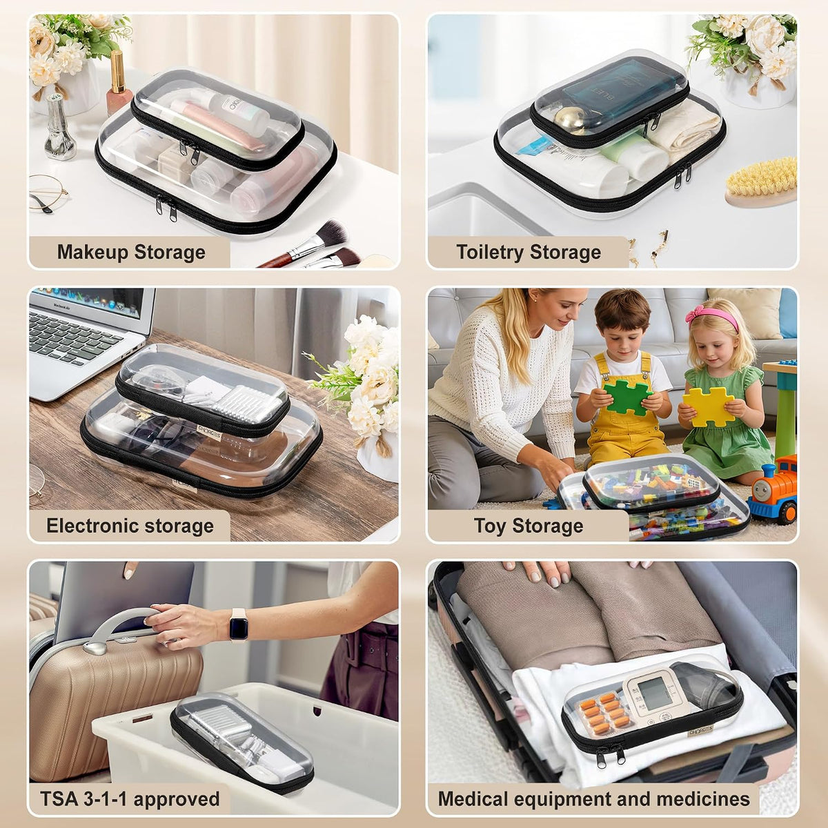 Clear Hard Shell Zipper Case 1.1mm Set S+M+L, Premium Plastic Hardshell Pouches and Storage Boxes for Clothes, Toys, Makeup, Toiletry & Travel, Zip Up Organizer Bags and Packing Cubes.