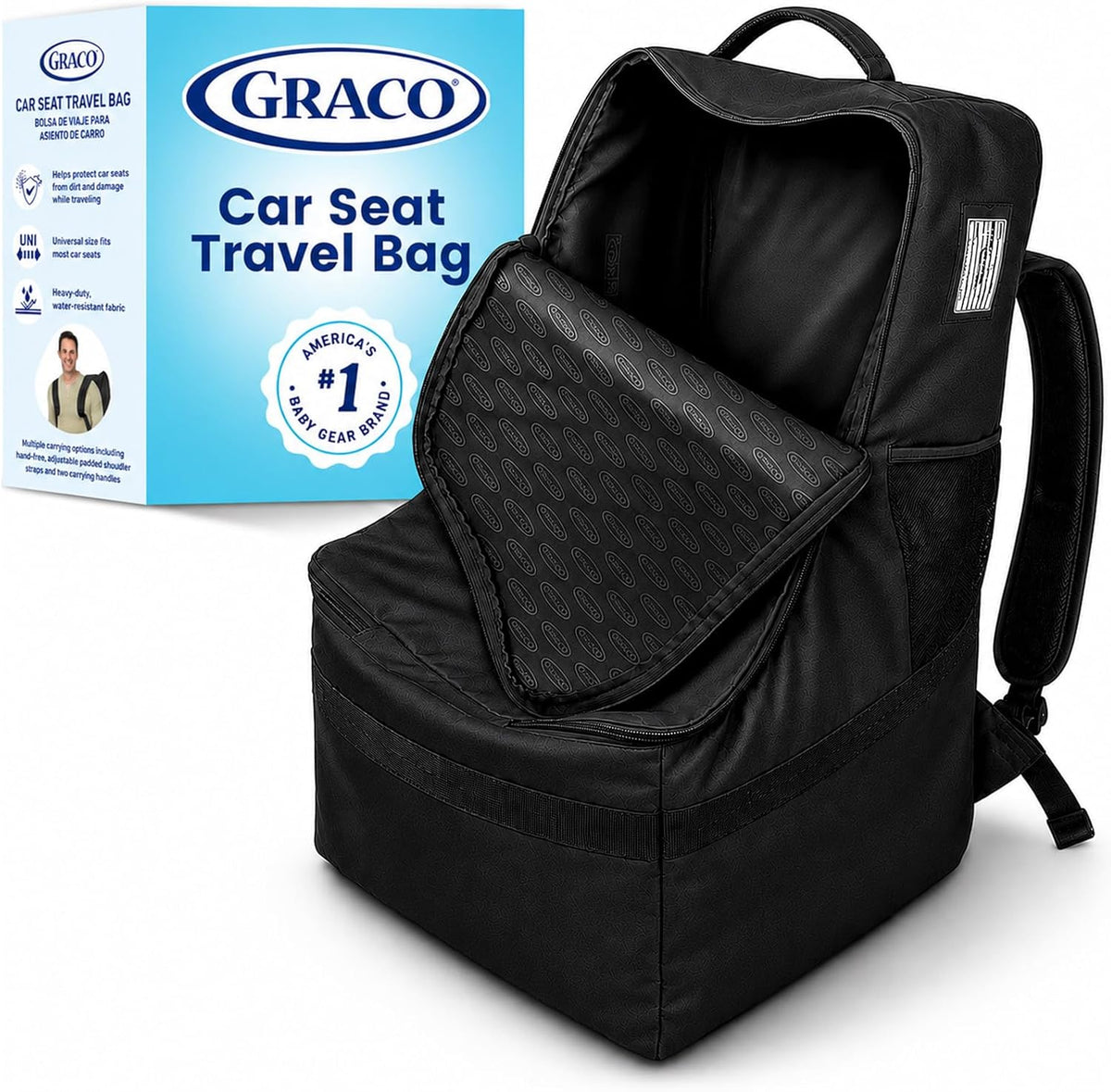Padded Car Seat Travel Bag & Infant Carrier Backpack, Black