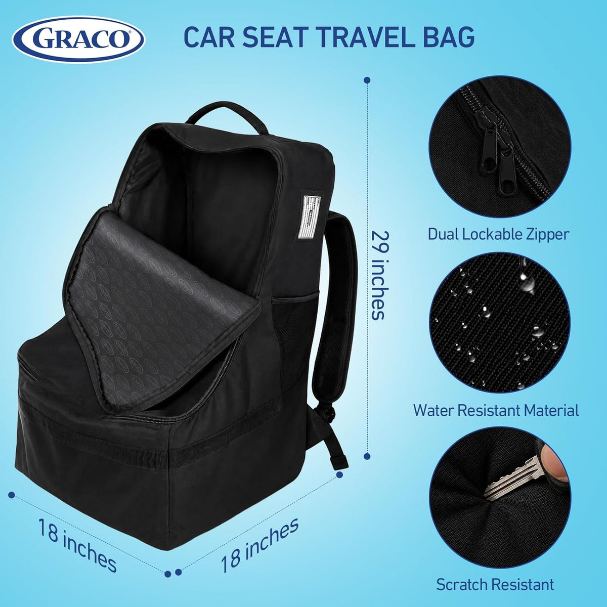 Padded Car Seat Travel Bag & Infant Carrier Backpack, Black