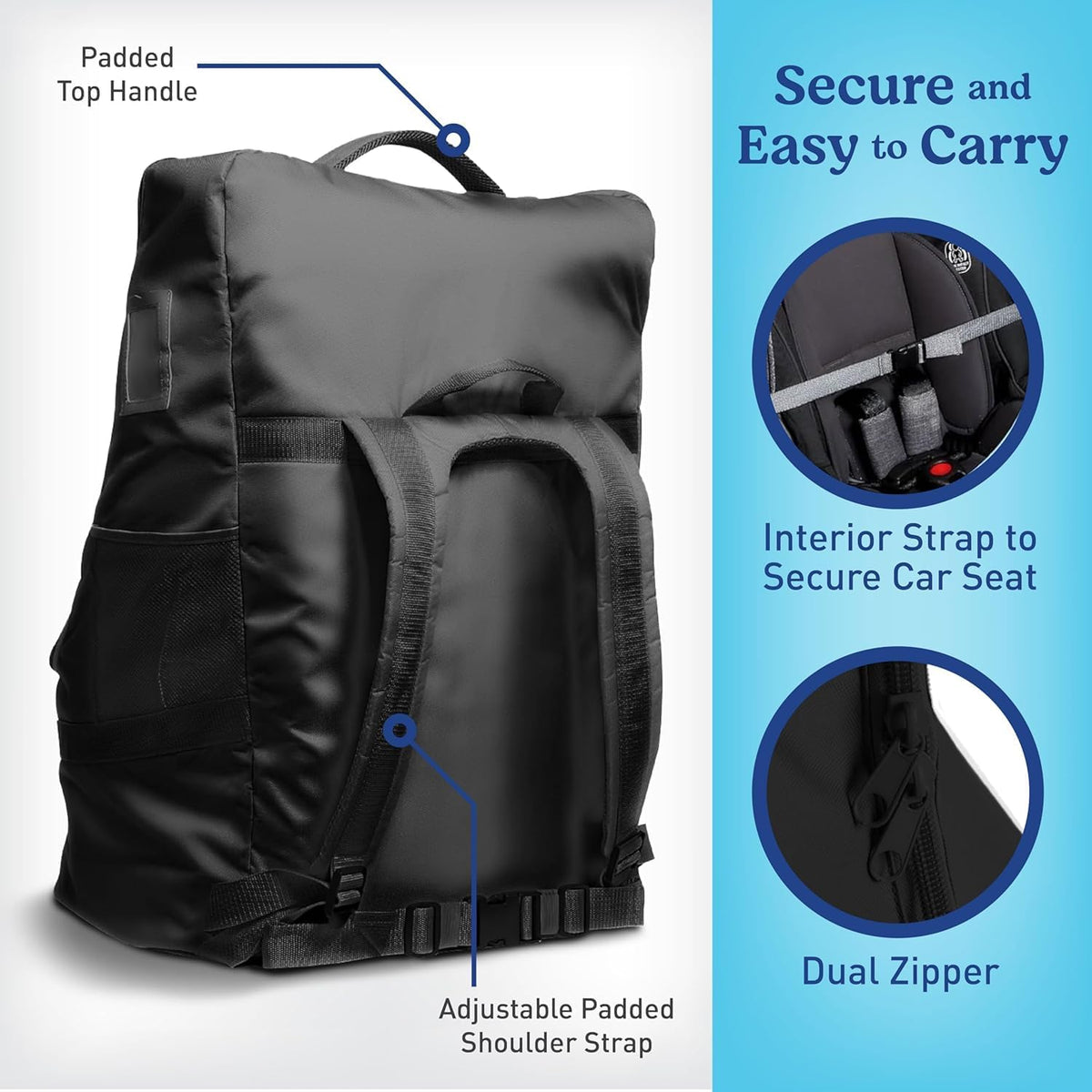 Padded Car Seat Travel Bag & Infant Carrier Backpack, Black