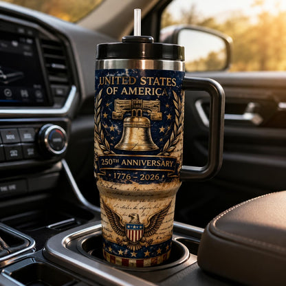 40 oz Patriotic Insulated Tumbler with Handle and Straw, Stainless Steel Travel Mug with Lid, 1776-2026 America 250th Anniversary Design Cup for Car, Home, Office (Style 4)