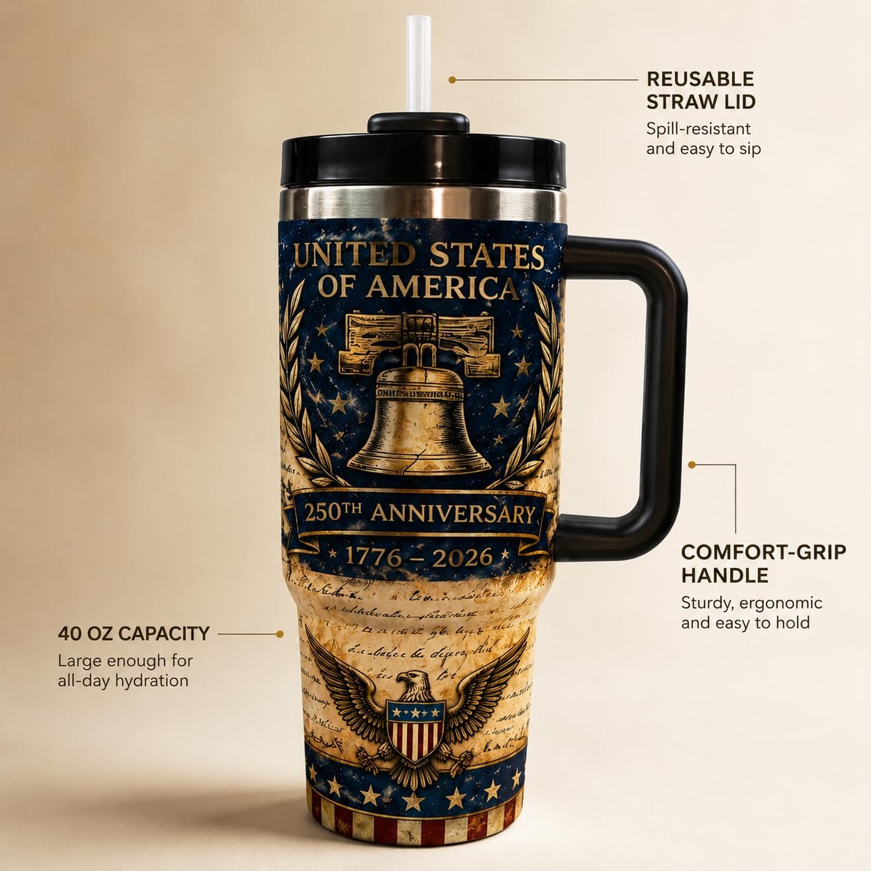 40 oz Patriotic Insulated Tumbler with Handle and Straw, Stainless Steel Travel Mug with Lid, 1776-2026 America 250th Anniversary Design Cup for Car, Home, Office (Style 4)