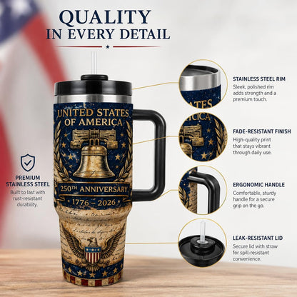 40 oz Patriotic Insulated Tumbler with Handle and Straw, Stainless Steel Travel Mug with Lid, 1776-2026 America 250th Anniversary Design Cup for Car, Home, Office (Style 4)