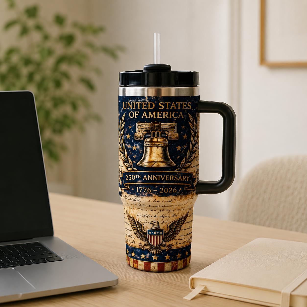 40 oz Patriotic Insulated Tumbler with Handle and Straw, Stainless Steel Travel Mug with Lid, 1776-2026 America 250th Anniversary Design Cup for Car, Home, Office (Style 4)