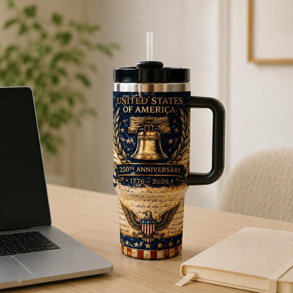 40 oz Patriotic Insulated Tumbler with Handle and Straw, Stainless Steel Travel Mug with Lid, 1776-2026 America 250th Anniversary Design Cup for Car, Home, Office (Style 4)