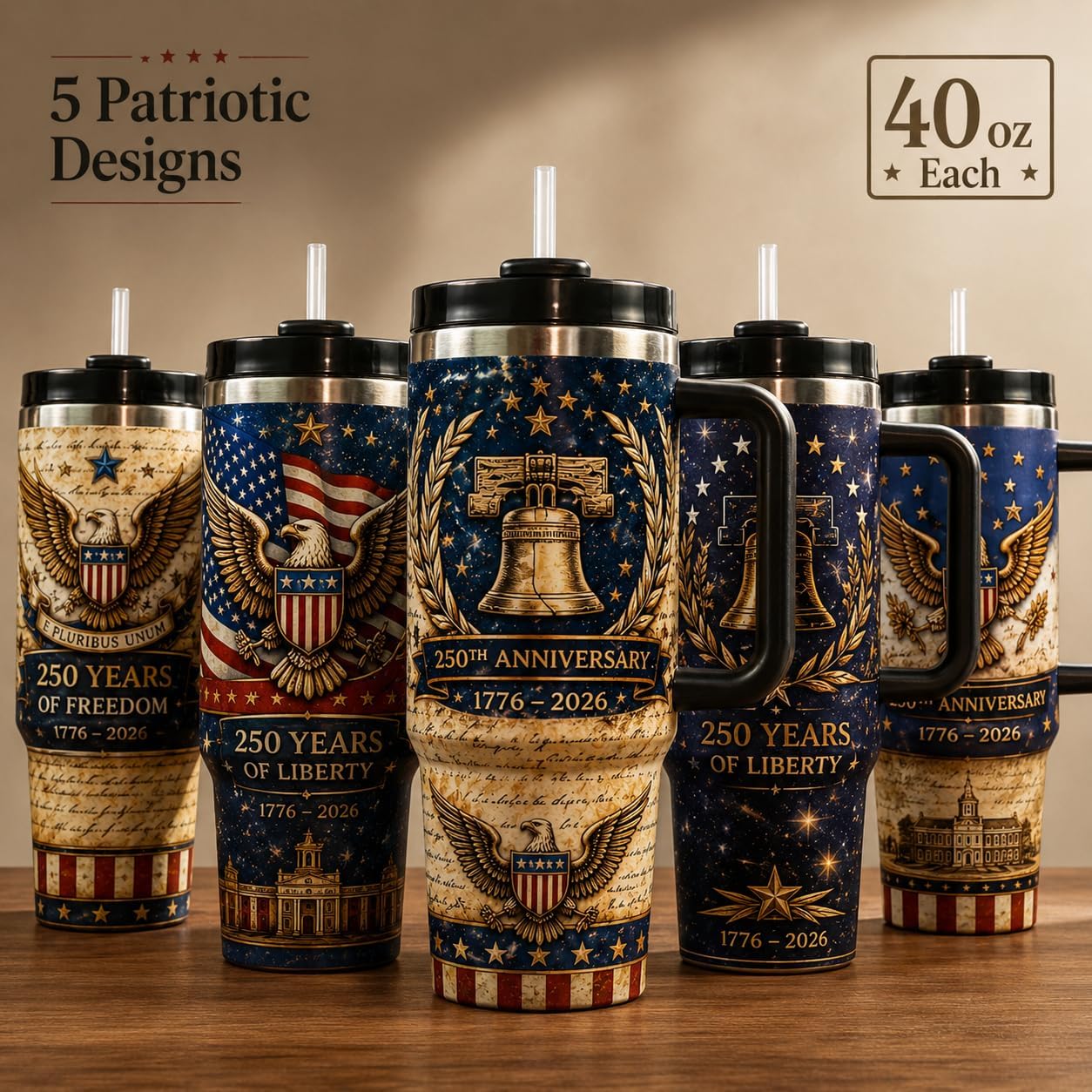 40 oz Patriotic Insulated Tumbler with Handle and Straw, Stainless Steel Travel Mug with Lid, 1776-2026 America 250th Anniversary Design Cup for Car, Home, Office (Style 4)