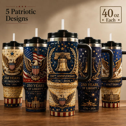 40 oz Patriotic Insulated Tumbler with Handle and Straw, Stainless Steel Travel Mug with Lid, 1776-2026 America 250th Anniversary Design Cup for Car, Home, Office (Style 4)