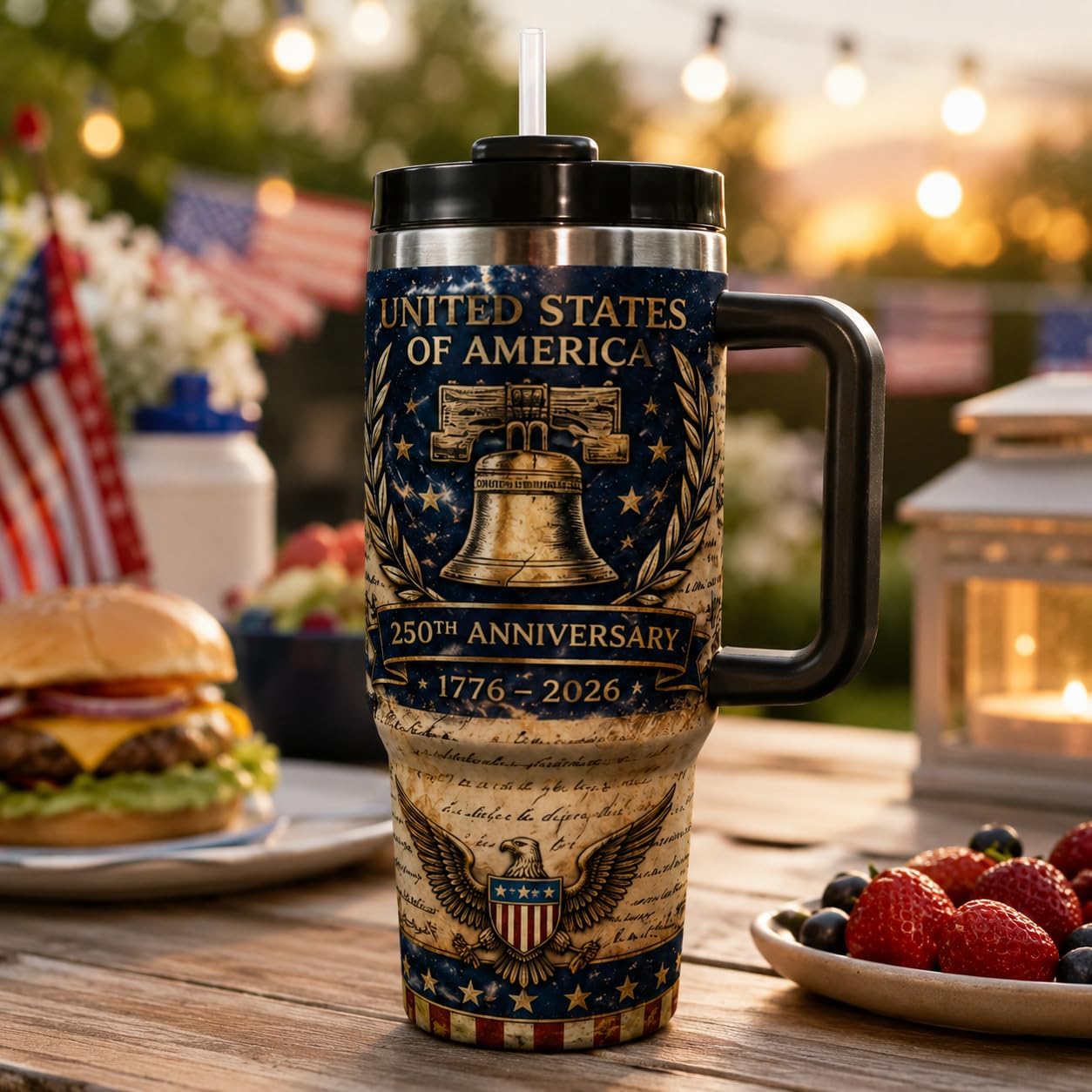 40 oz Patriotic Insulated Tumbler with Handle and Straw, Stainless Steel Travel Mug with Lid, 1776-2026 America 250th Anniversary Design Cup for Car, Home, Office (Style 4)