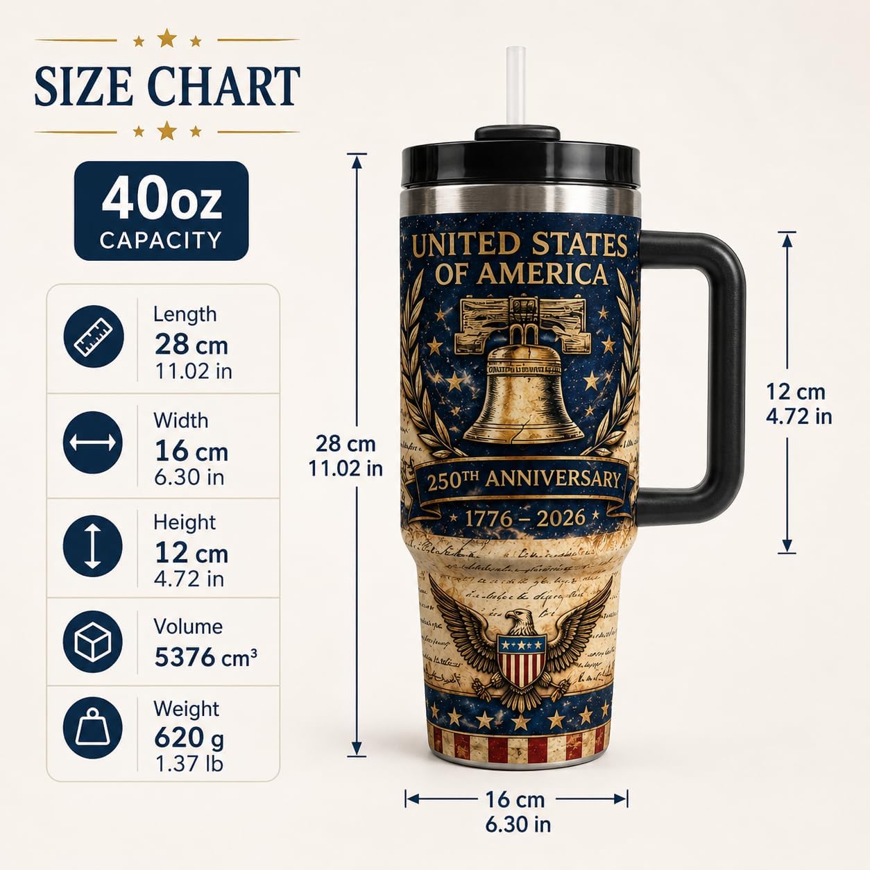 40 oz Patriotic Insulated Tumbler with Handle and Straw, Stainless Steel Travel Mug with Lid, 1776-2026 America 250th Anniversary Design Cup for Car, Home, Office (Style 4)