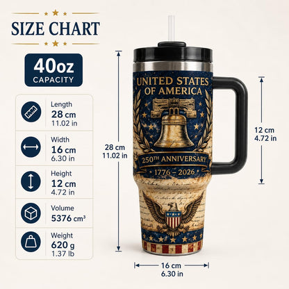 40 oz Patriotic Insulated Tumbler with Handle and Straw, Stainless Steel Travel Mug with Lid, 1776-2026 America 250th Anniversary Design Cup for Car, Home, Office (Style 4)