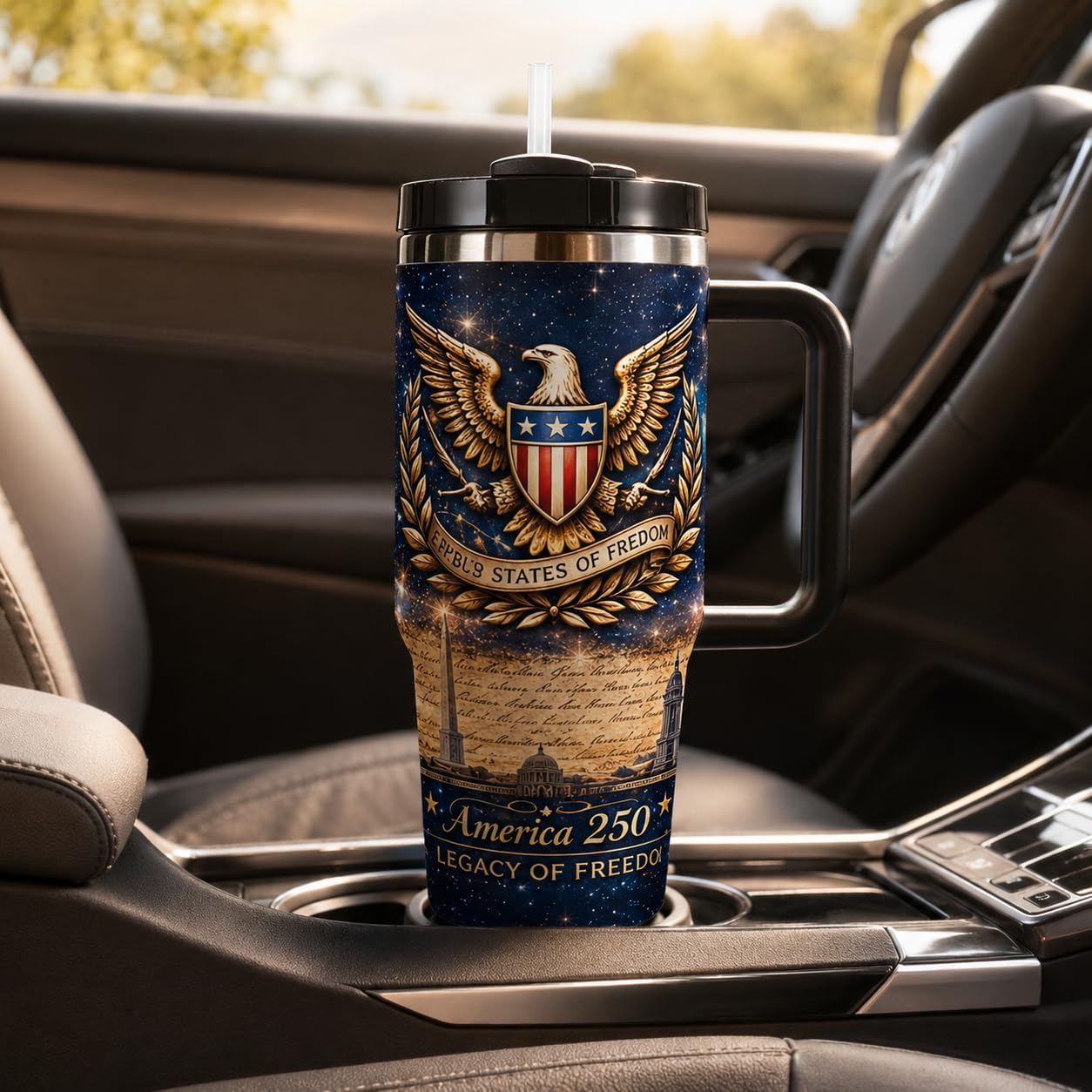 40 oz Patriotic Insulated Tumbler with Handle and Straw, Stainless Steel Travel Mug with Lid, 1776-2026 America 250th Anniversary Design Cup for Car, Home, Office (Style 4)