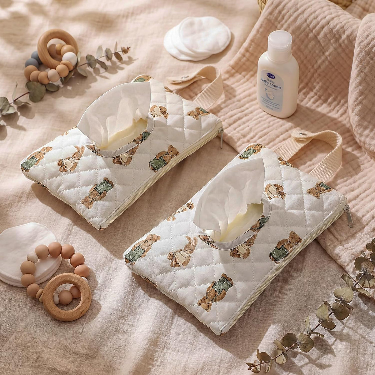 2 Pcs Bear Quilted Diaper and Wipes Pouch