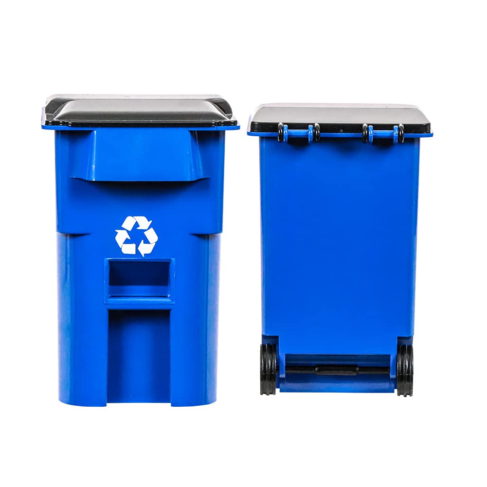Blue Recycling Trash Can with Lid & Wheels for Wrestling Figures