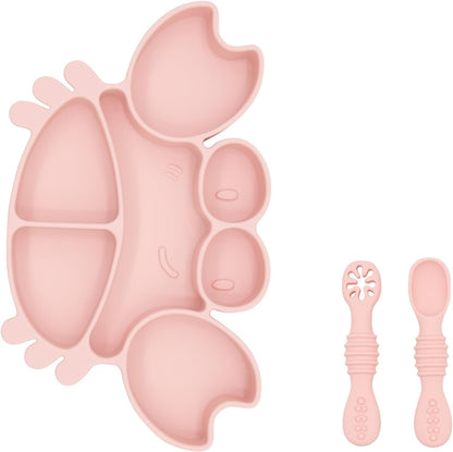 Silicone Feeding Set (3 PCs) Cove & Coast Series, Baby Plate with Suction Cup, Training Spoon and Fork, BLW Utensils for Toddler Kid, BPA-Free, Microwave/Dishwasher Safe - Pink Sea Star